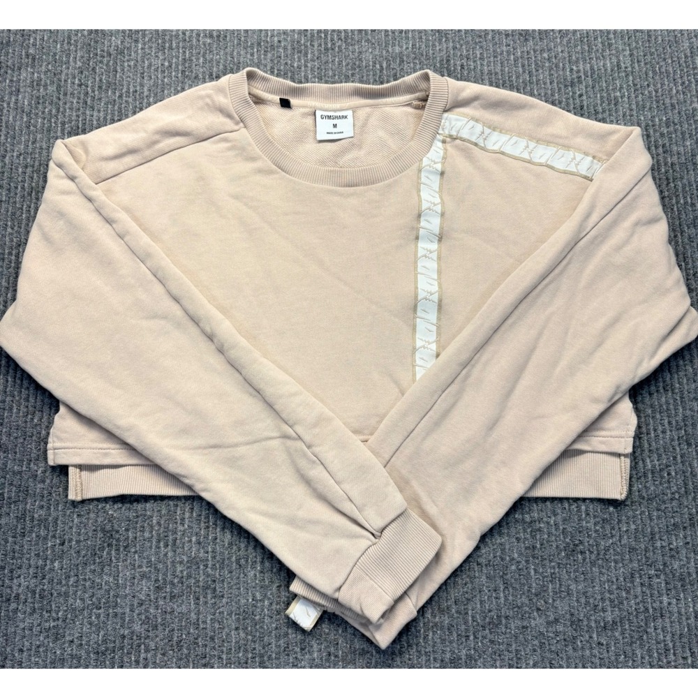 Gymshark Womens Cropped Sweatshirt Beige Tan Logo Tape Pullover GLP03580 Size M